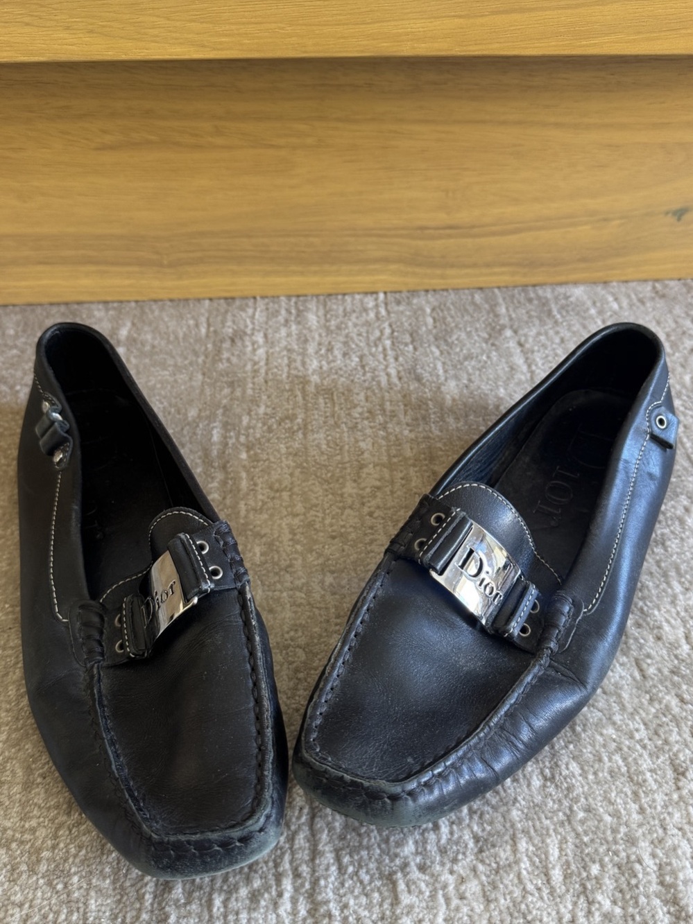 Dior Vintage Black Leather Loafers with Silver Logo Buckle EU 38 1/2